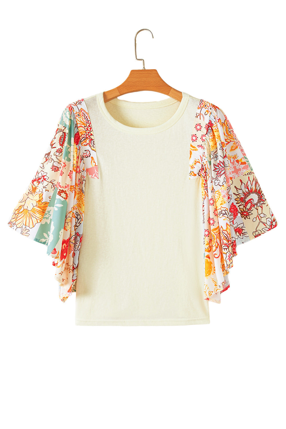 Beige Floral Patchwork Batwing Sleeve Blouse - MAD RUFFI