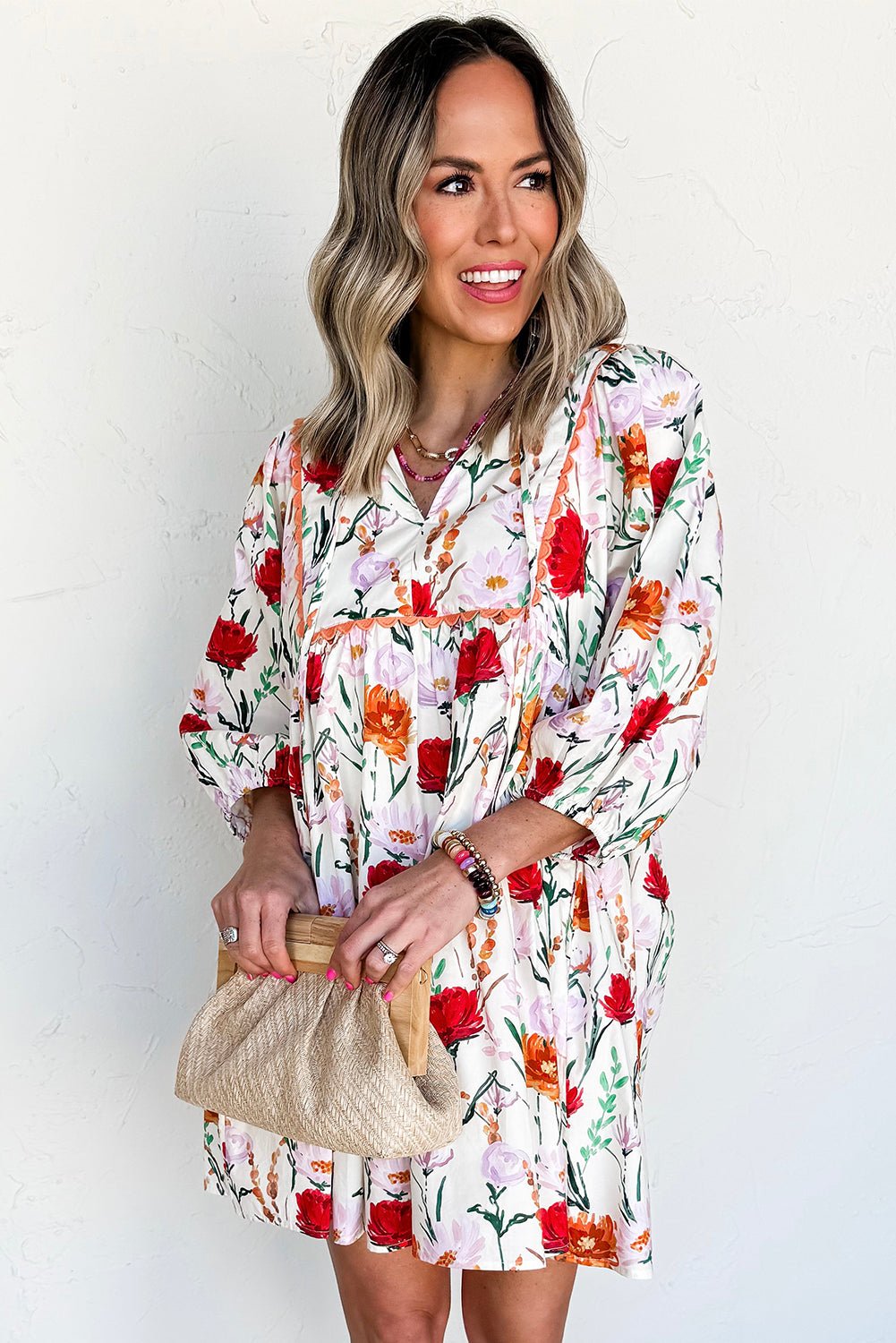 Beige Floral Print 3/4 Puff Sleeve Ricrac Trim Mini Dress - MAD RUFFI