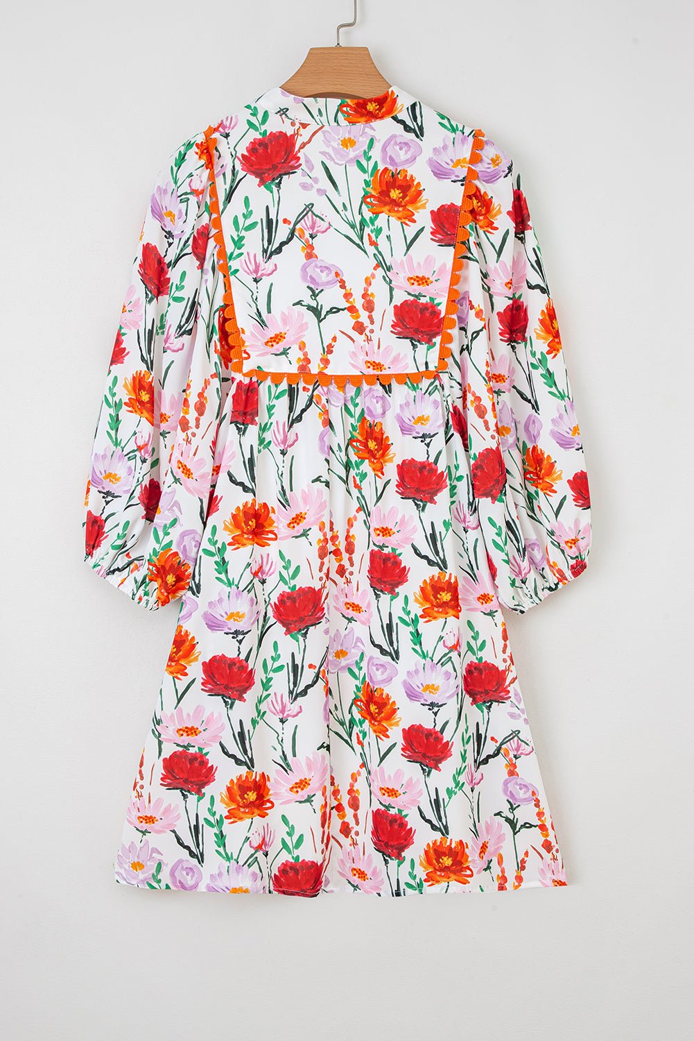 Beige Floral Print 3/4 Puff Sleeve Ricrac Trim Mini Dress - MAD RUFFI