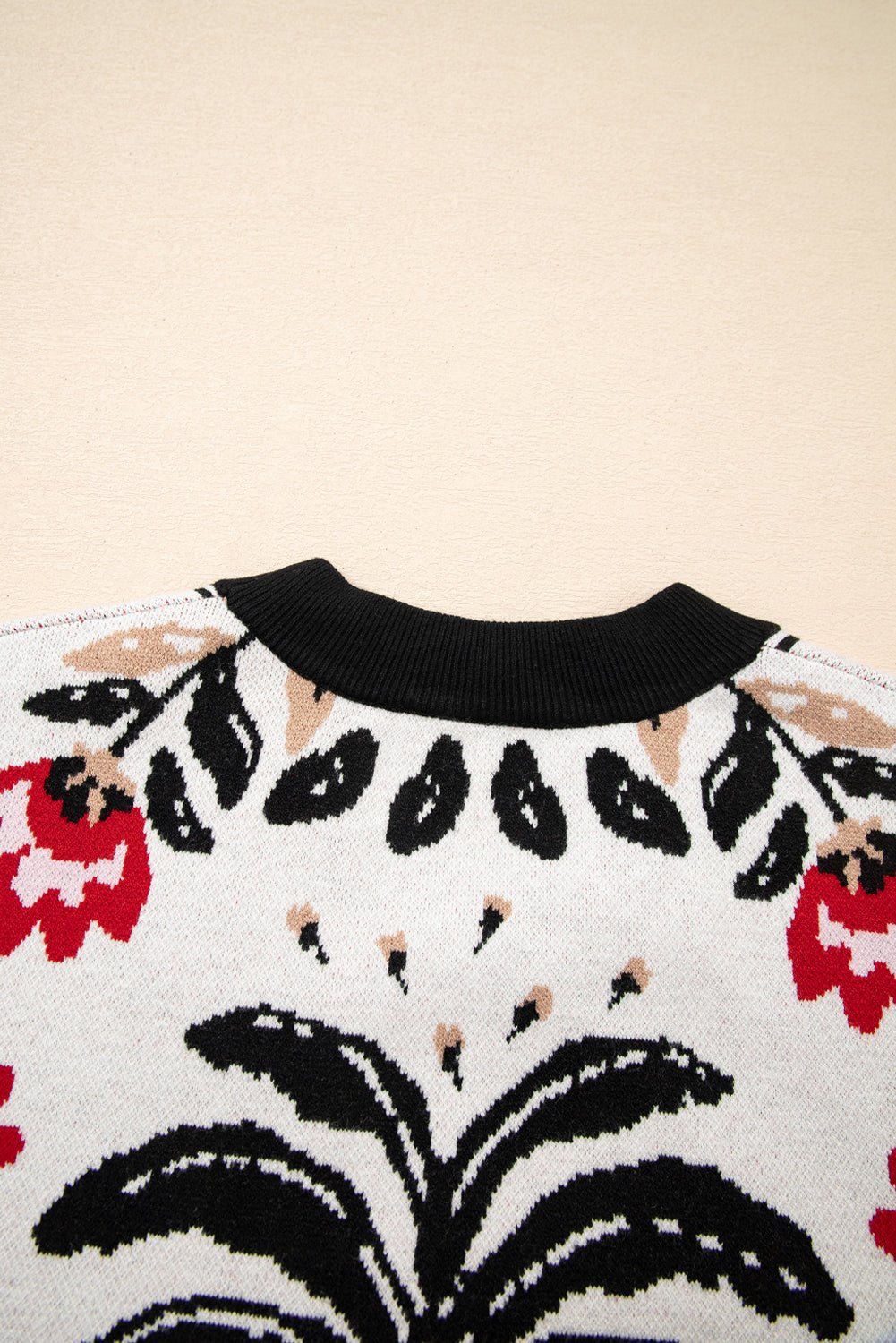 Beige Floral Print Button Front V Neck Contrast Trim Cardigan - MAD RUFFI