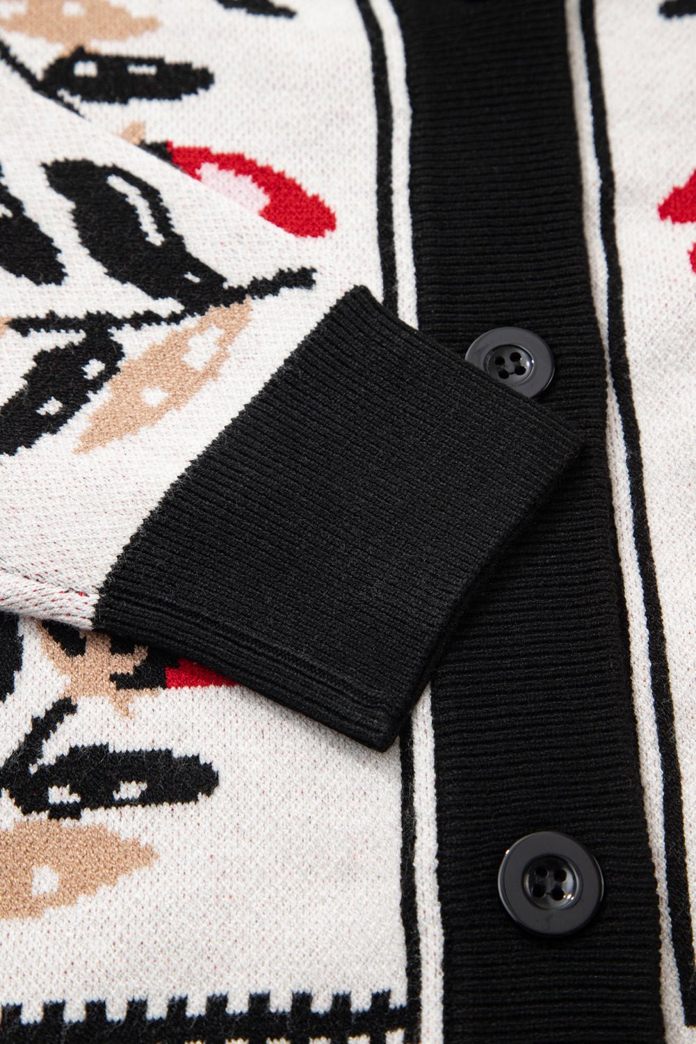 Beige Floral Print Button Front V Neck Contrast Trim Cardigan - MAD RUFFI