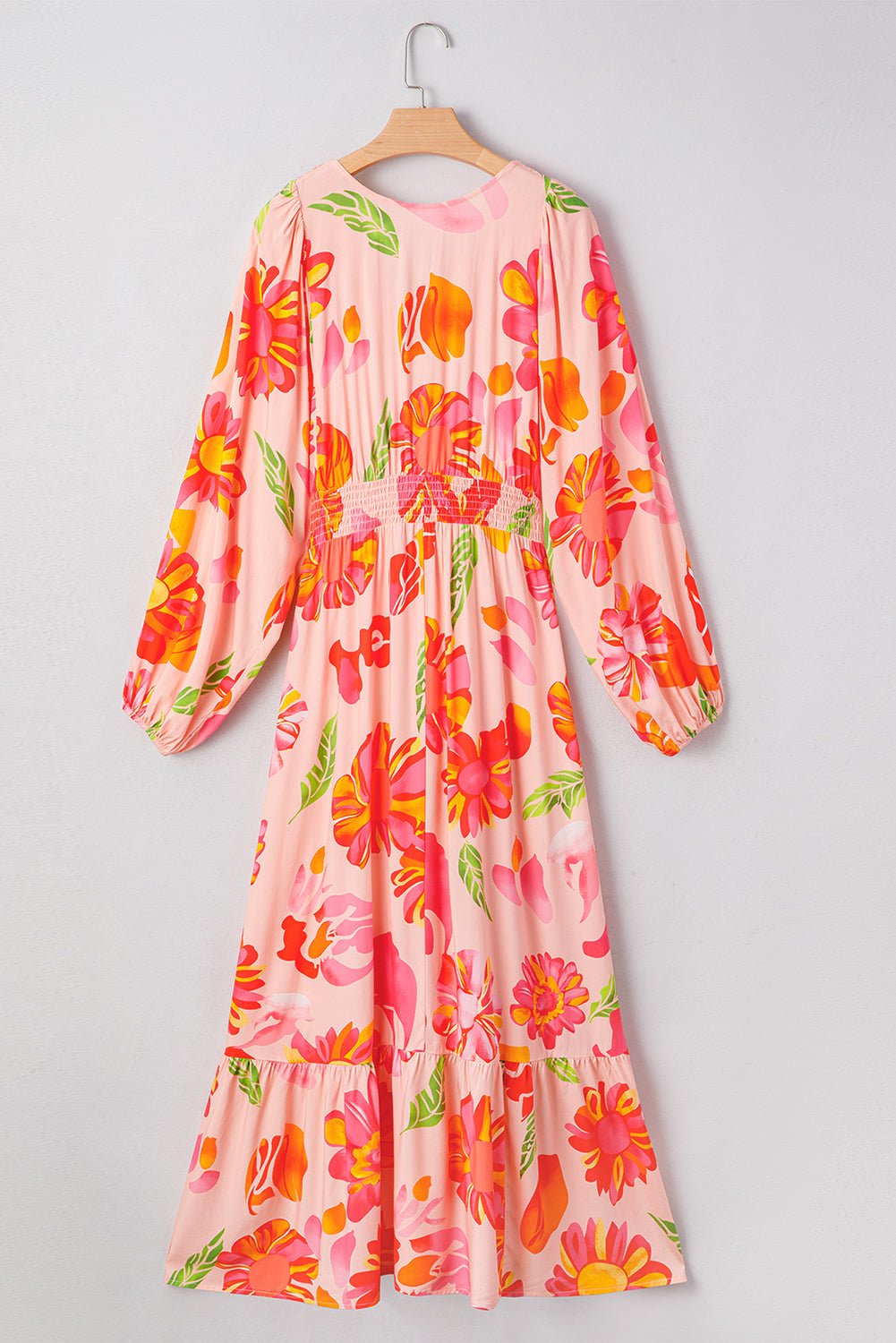 Beige Floral Print Shirred Detail Puff Sleeve Flowy Maxi Dress - MAD RUFFI