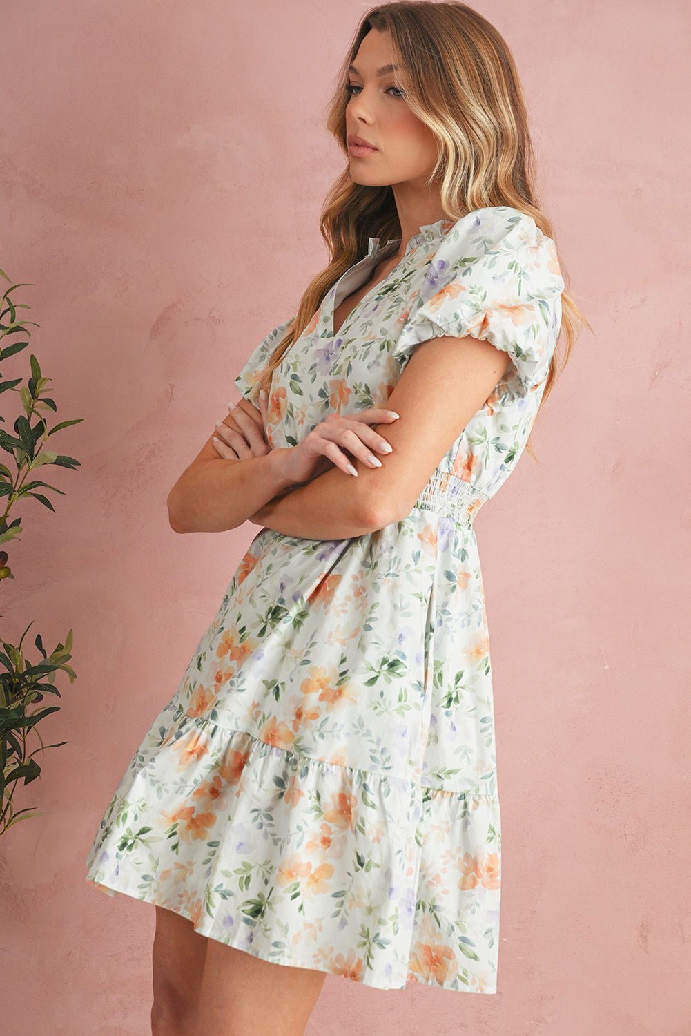 Beige Floral Print Smocked High Waist Puff Sleeve Mini Dress - MAD RUFFI