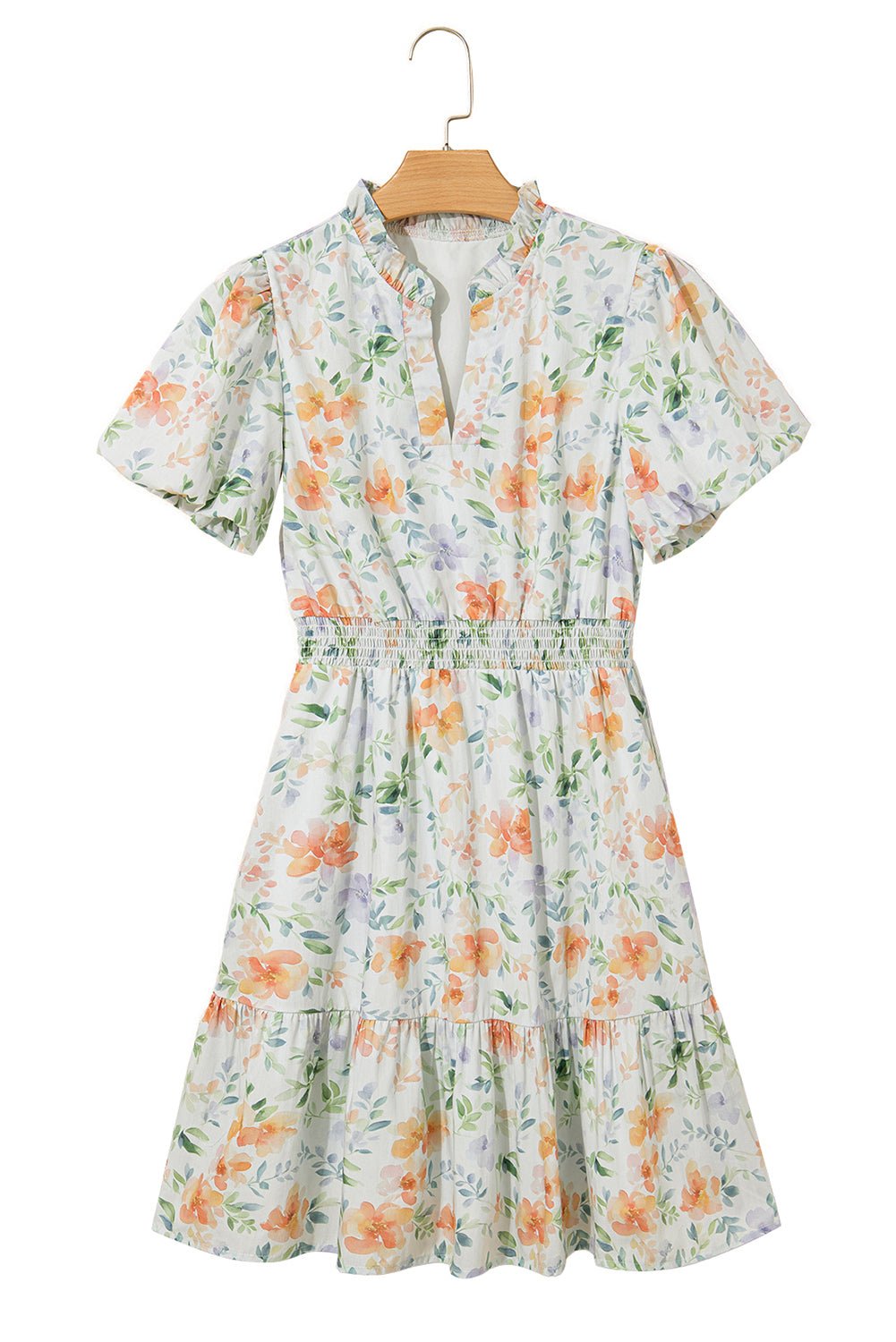 Beige Floral Print Smocked High Waist Puff Sleeve Mini Dress - MAD RUFFI