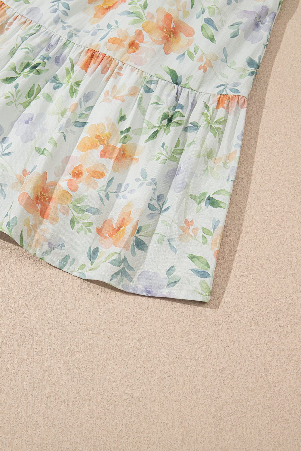 Beige Floral Print Smocked High Waist Puff Sleeve Mini Dress - MAD RUFFI