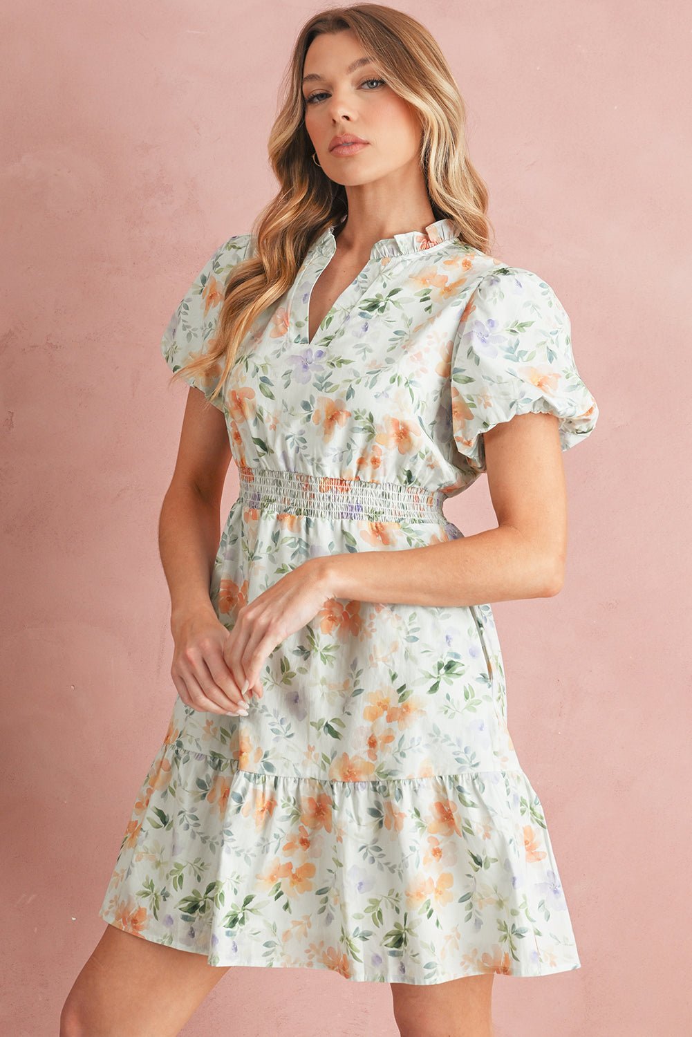 Beige Floral Print Smocked High Waist Puff Sleeve Mini Dress - MAD RUFFI