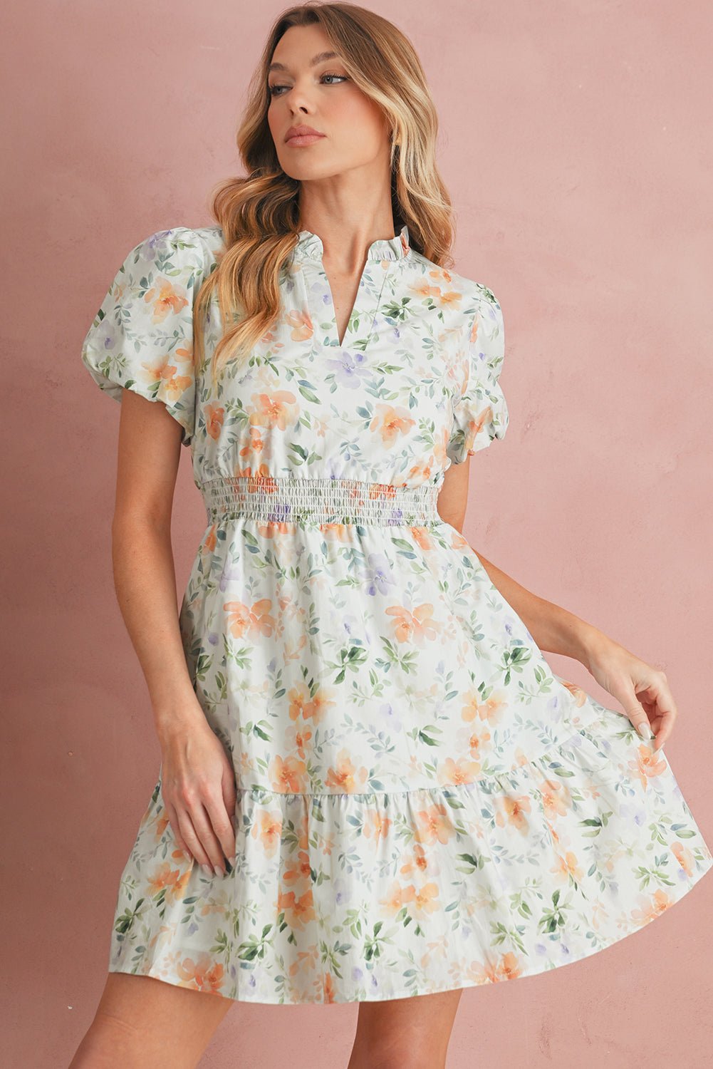 Beige Floral Print Smocked High Waist Puff Sleeve Mini Dress - MAD RUFFI