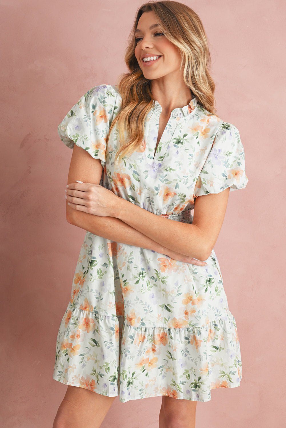 Beige Floral Print Smocked High Waist Puff Sleeve Mini Dress - MAD RUFFI