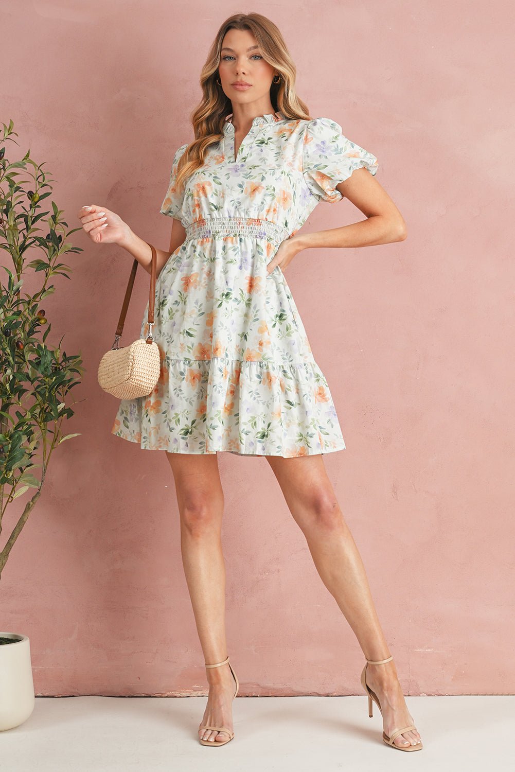 Beige Floral Print Smocked High Waist Puff Sleeve Mini Dress - MAD RUFFI