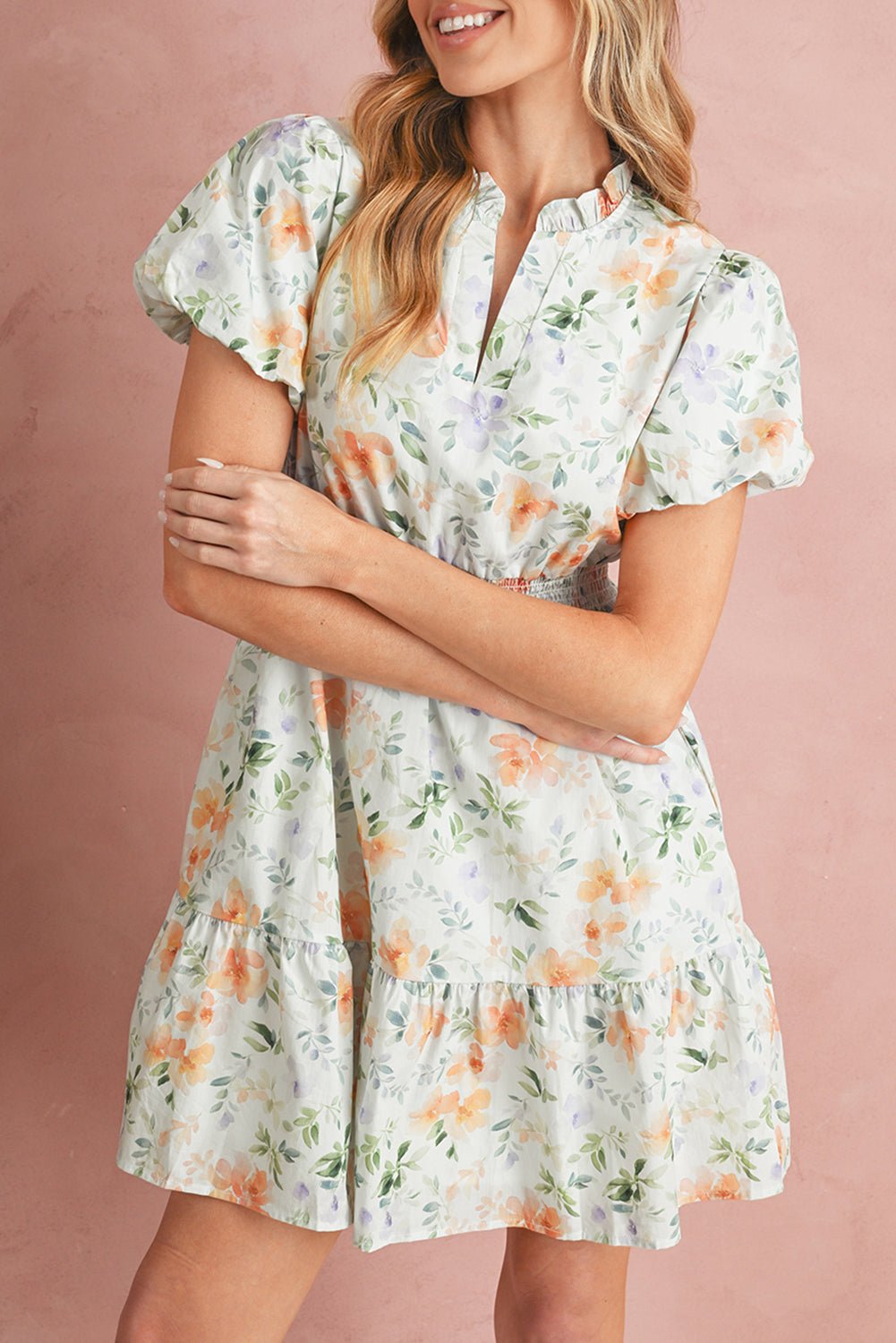 Beige Floral Print Smocked High Waist Puff Sleeve Mini Dress - MAD RUFFI