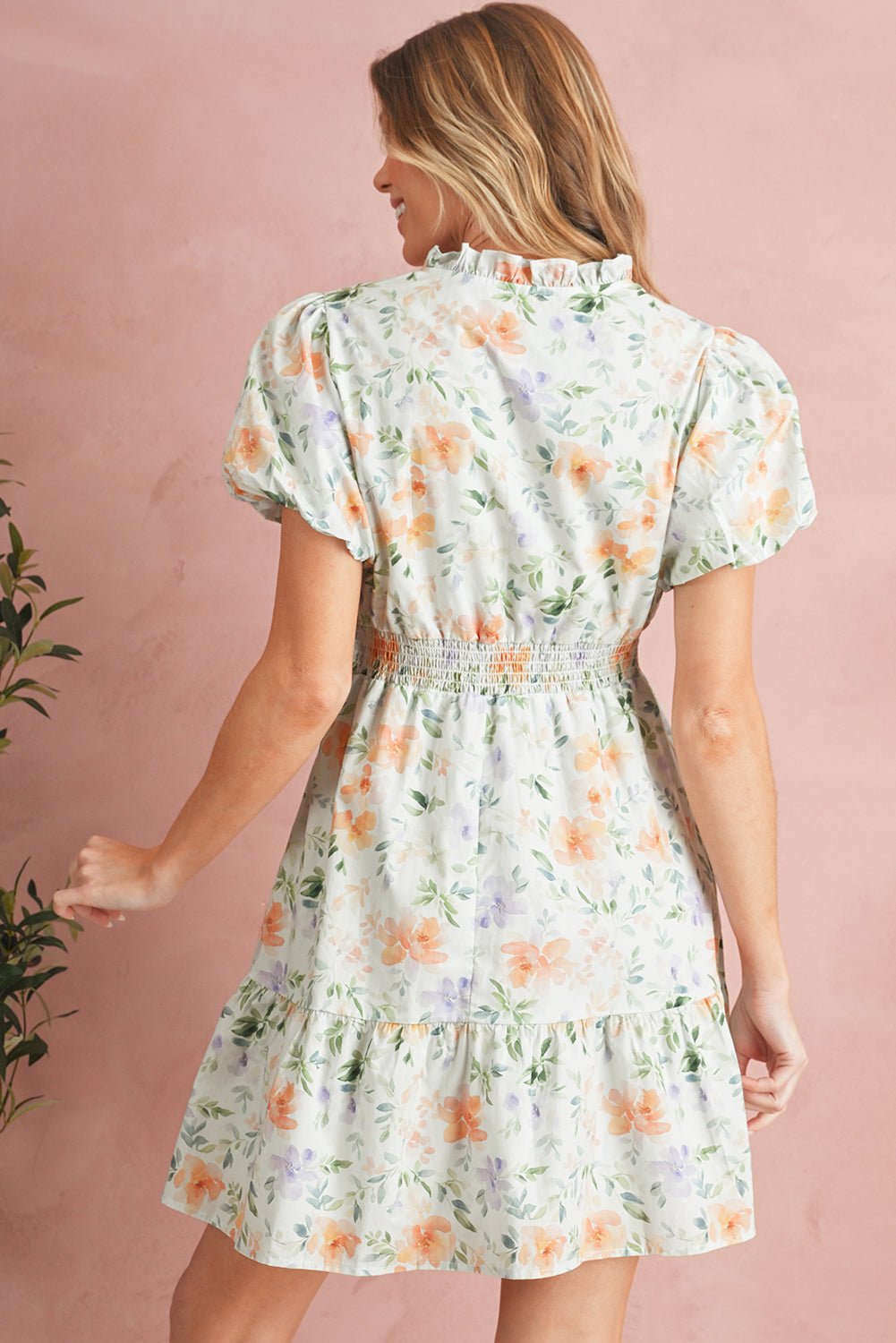 Beige Floral Print Smocked High Waist Puff Sleeve Mini Dress - MAD RUFFI