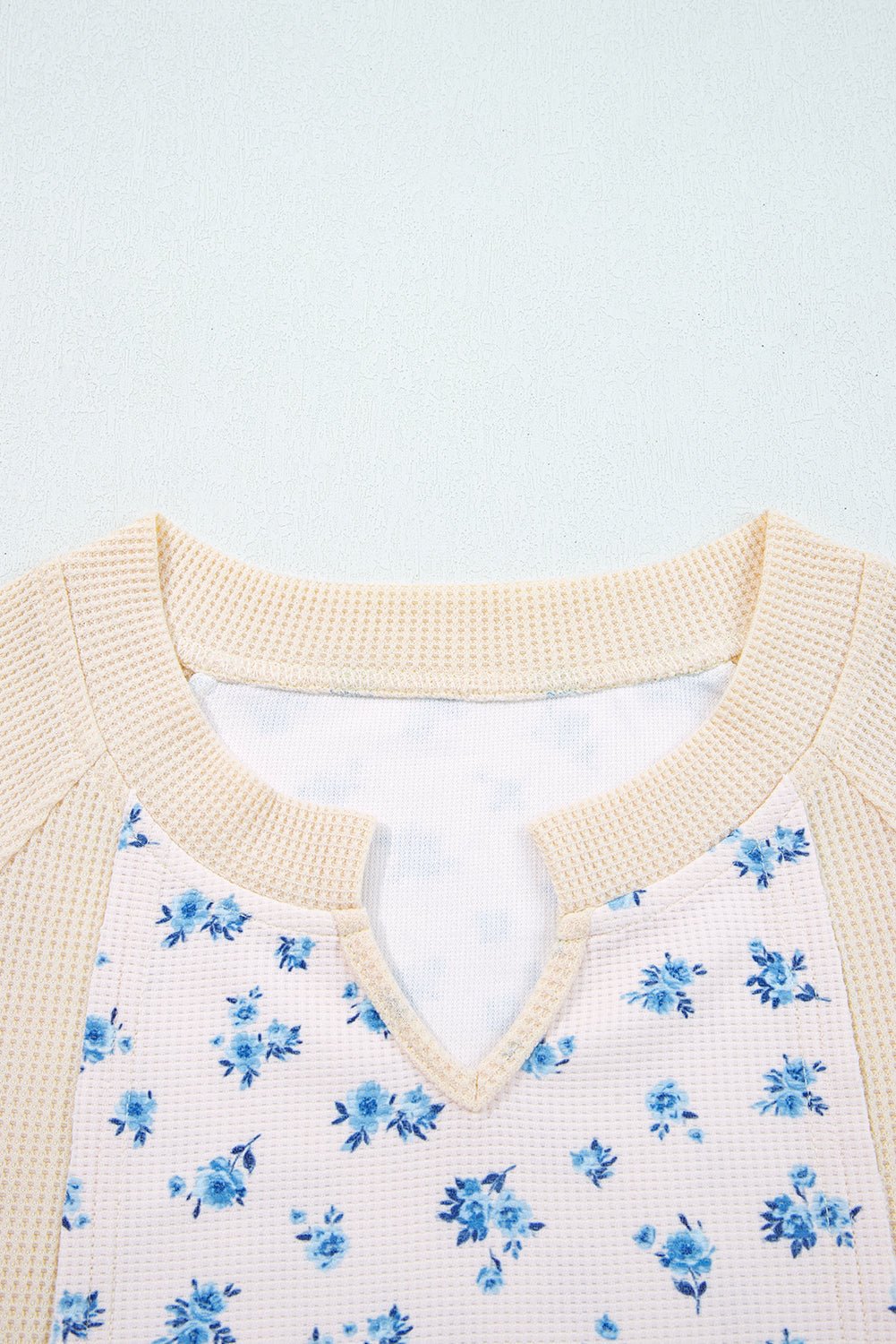 Beige Floral Print Waffle Patchwork Balloon Sleeve V Neck Oversized Top - MAD RUFFI