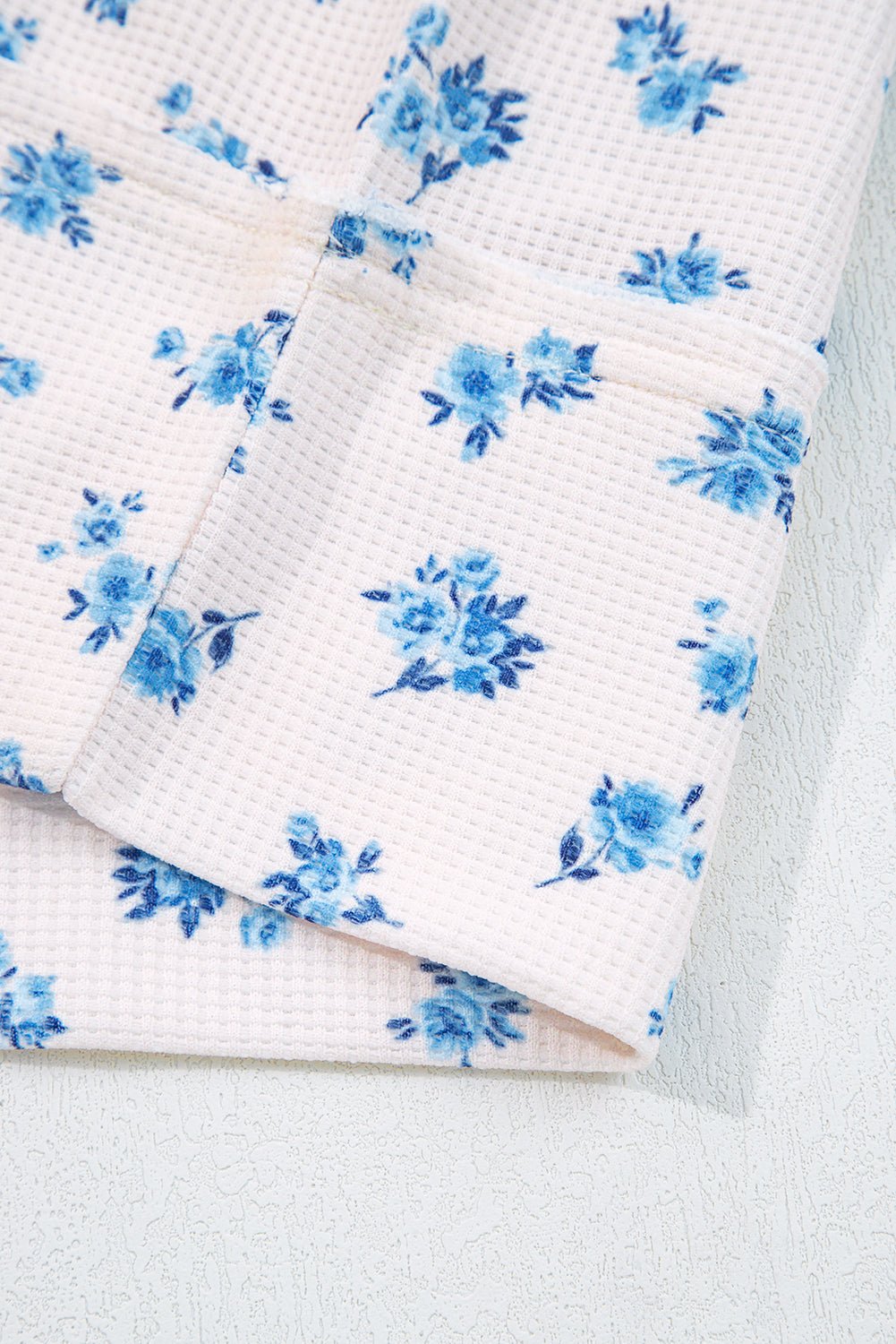 Beige Floral Print Waffle Patchwork Balloon Sleeve V Neck Oversized Top - MAD RUFFI