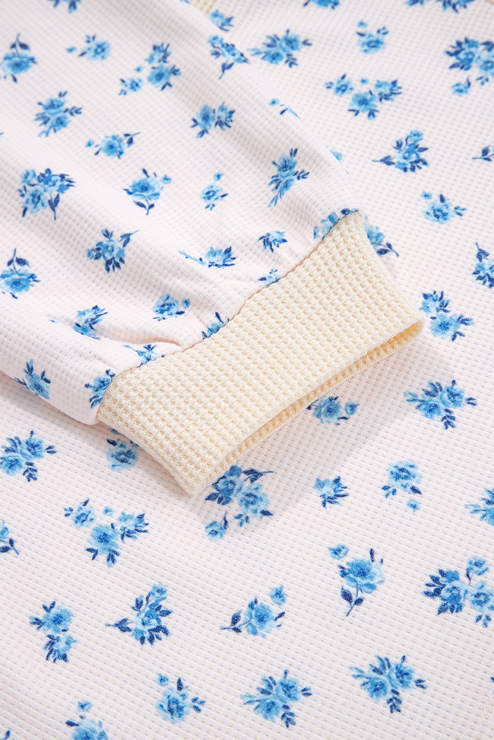 Beige Floral Print Waffle Patchwork Balloon Sleeve V Neck Oversized Top - MAD RUFFI