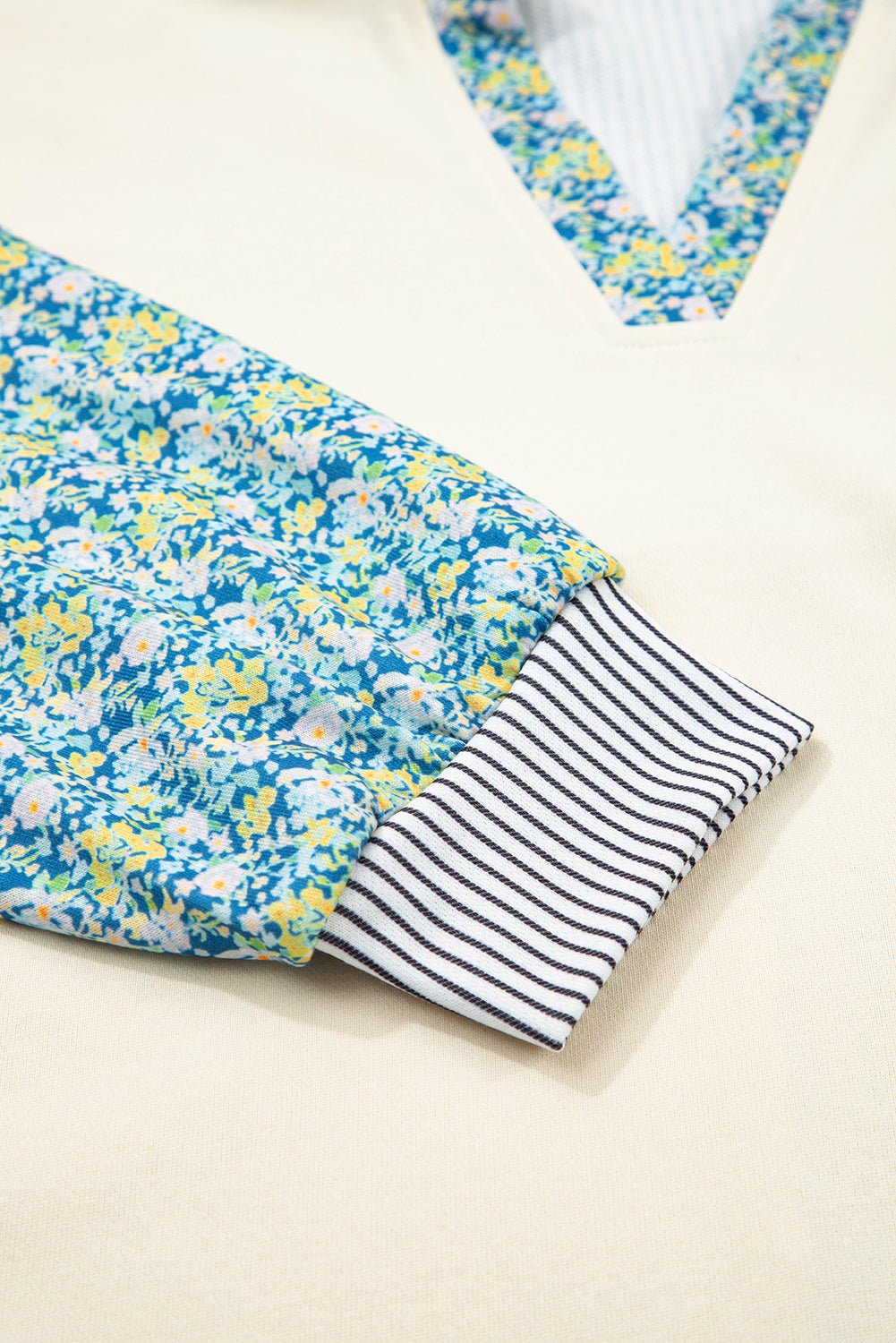 Beige Floral Striped Patchwork Drop Sleeve Boxy Fit Sweatshirt - MAD RUFFI