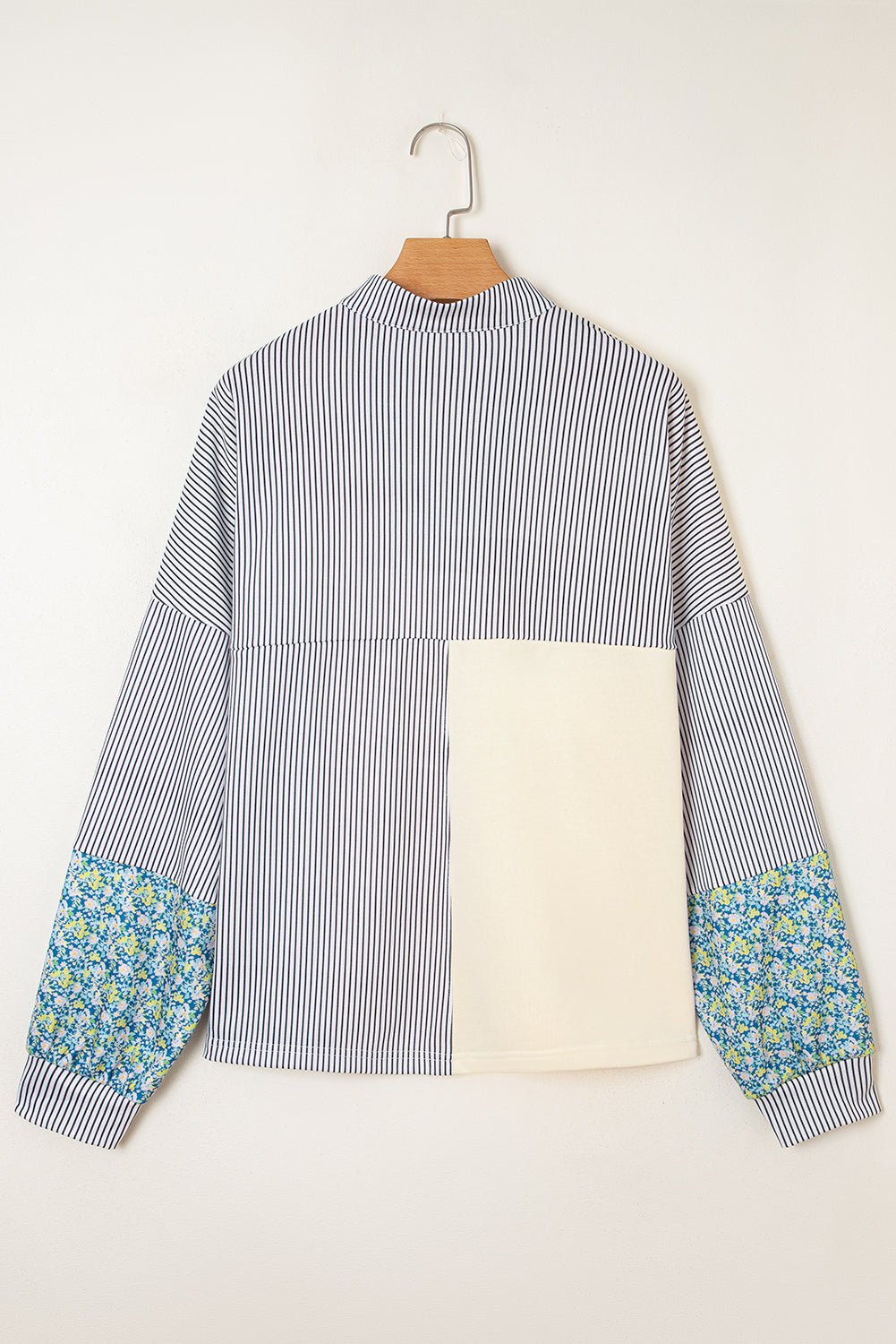 Beige Floral Striped Patchwork Drop Sleeve Boxy Fit Sweatshirt - MAD RUFFI