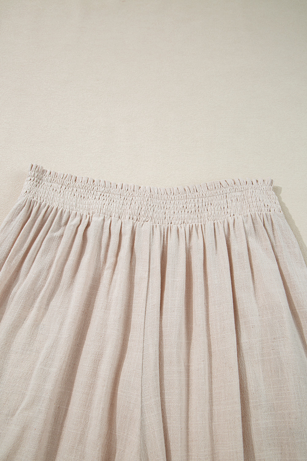 Beige Frill Smocked Waist Wide Leg Plus Size Pants - MAD RUFFI