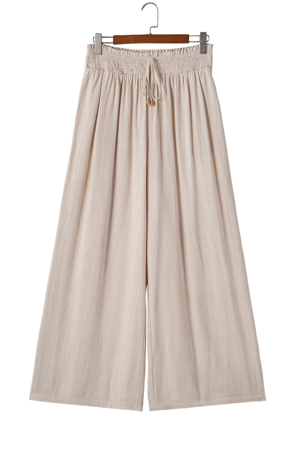 Beige Frill Smocked Waist Wide Leg Plus Size Pants - MAD RUFFI