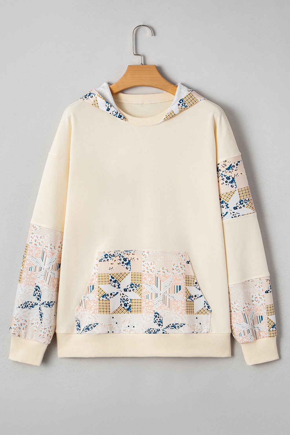 Beige Geometric Pattern Patchwork Hoodie - MAD RUFFI