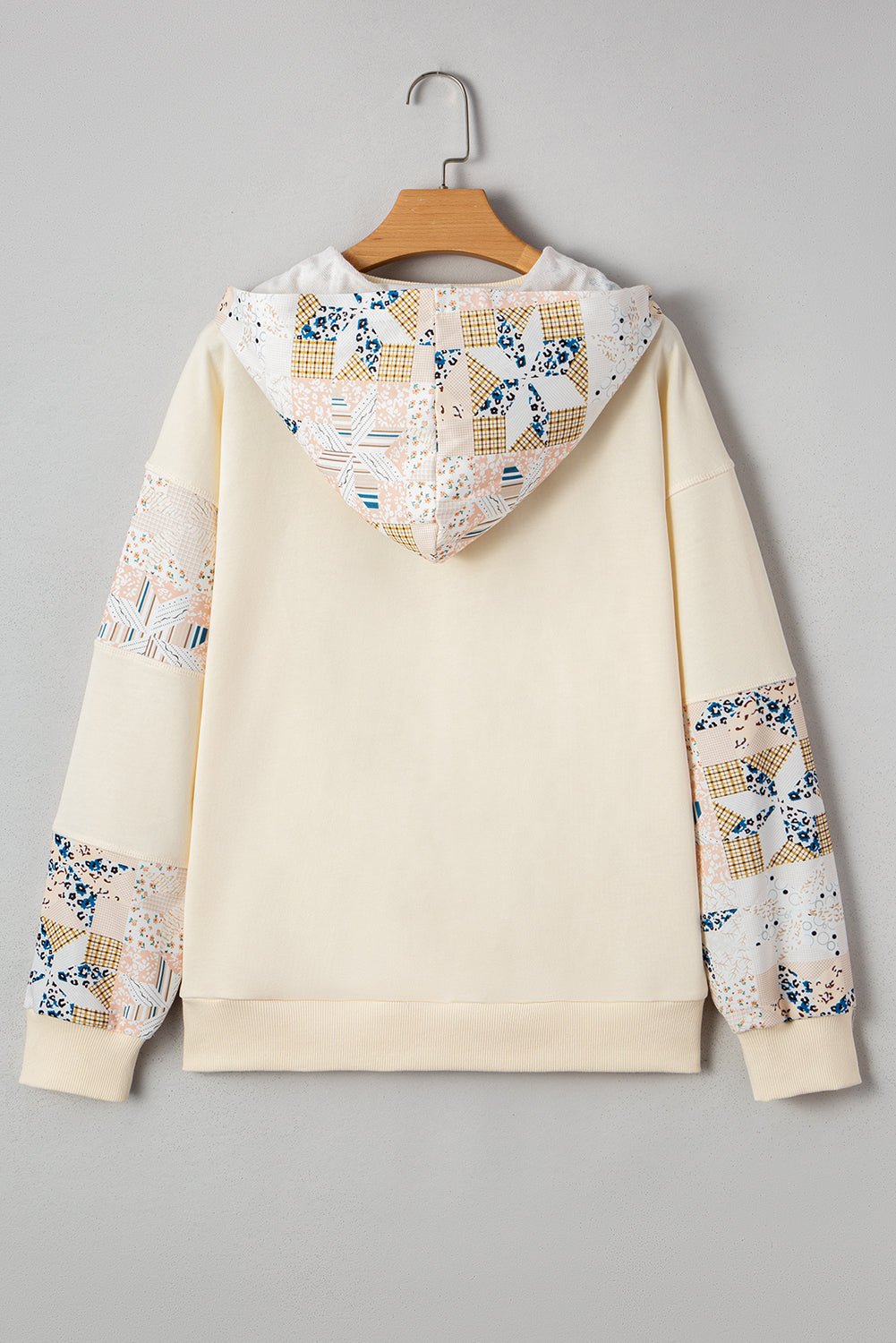 Beige Geometric Pattern Patchwork Hoodie - MAD RUFFI