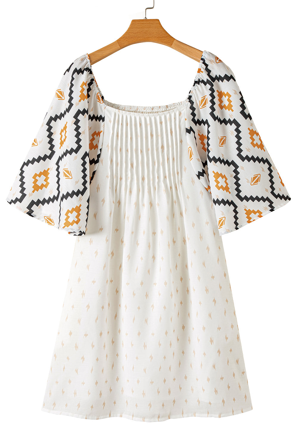 Beige Geometric Print Pleated Square Neck Loose Mini Dress - MAD RUFFI