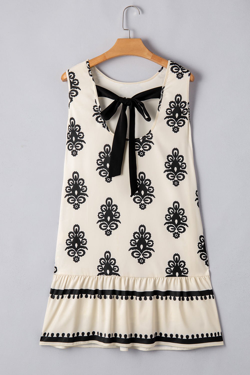 Beige Geometric Printed Sleeveless Hollowed Bowknot Back Mini Dress - MAD RUFFI