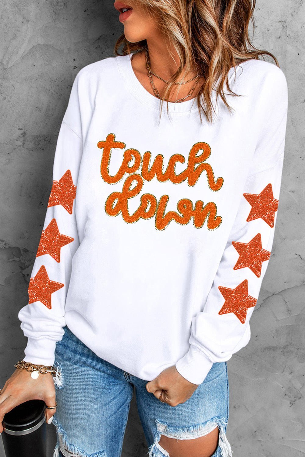 Beige Glittering Touch Down Patched Pattern Star Sleeve Sweatshirt - MAD RUFFI