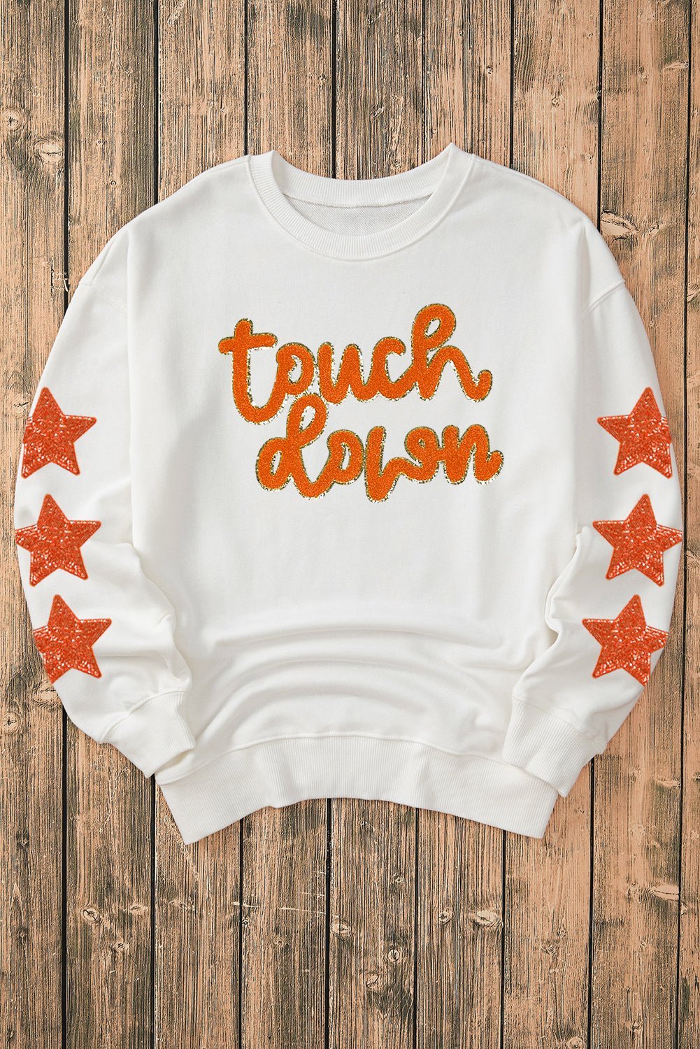 Beige Glittering Touch Down Patched Pattern Star Sleeve Sweatshirt - MAD RUFFI
