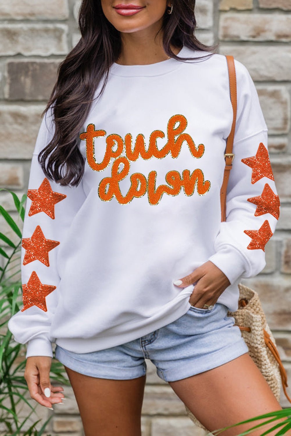 Beige Glittering Touch Down Patched Pattern Star Sleeve Sweatshirt - MAD RUFFI