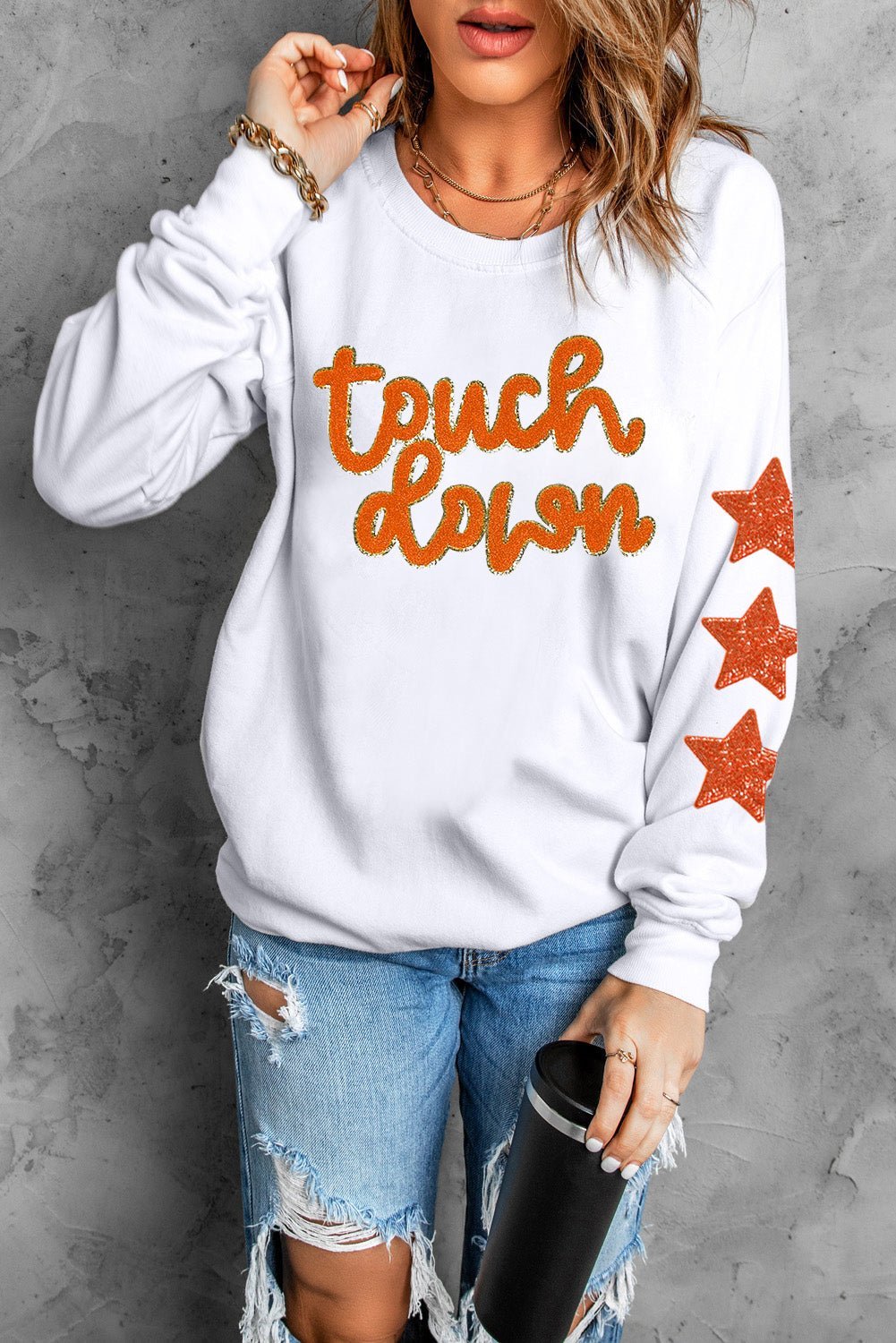 Beige Glittering Touch Down Patched Pattern Star Sleeve Sweatshirt - MAD RUFFI