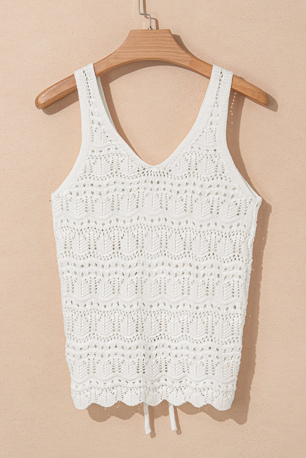 Beige Hollow Out Drawstring V Neck Knit Vest - MAD RUFFI