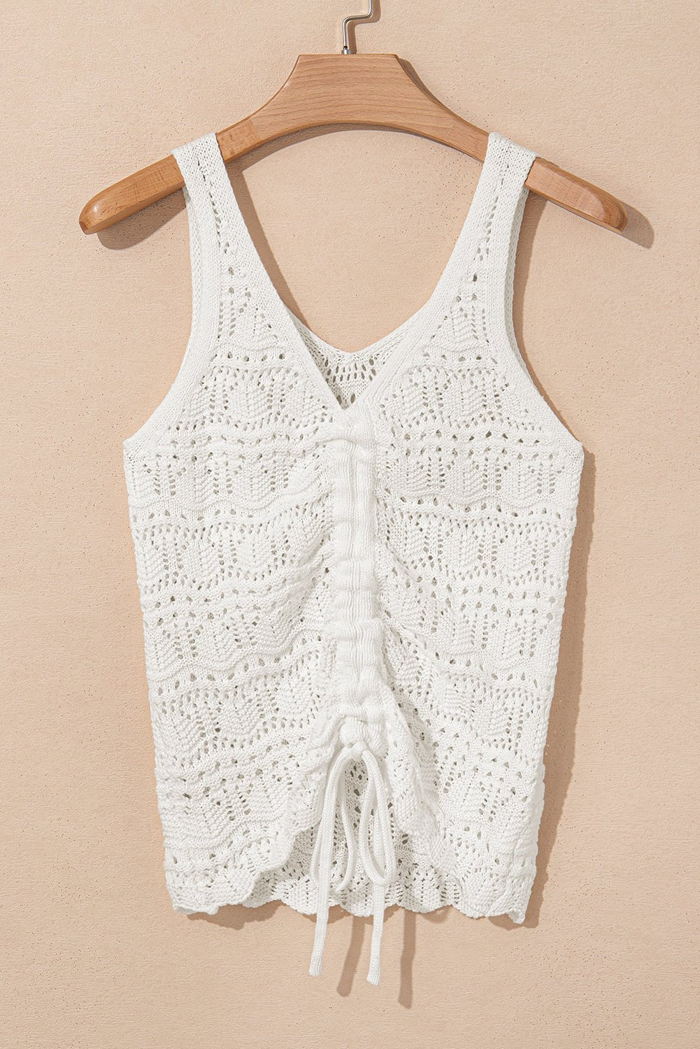 Beige Hollow Out Drawstring V Neck Knit Vest - MAD RUFFI