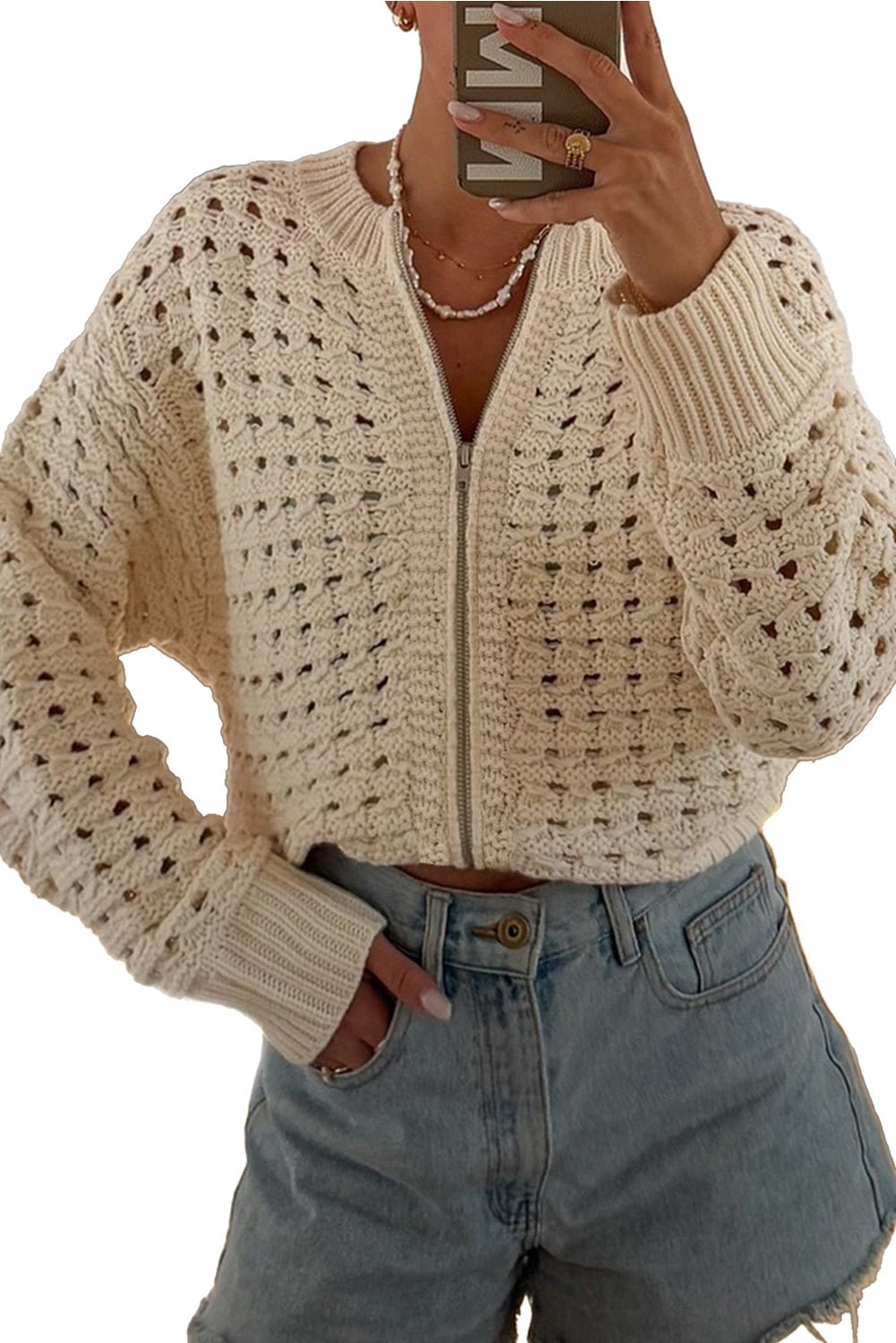 Beige Hollowed Pattern Knit Zip Up Drop Shoulder Cardigan - MAD RUFFI