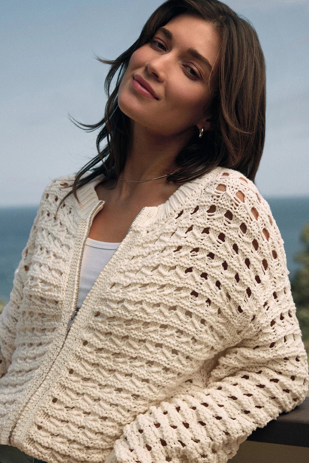 Beige Hollowed Pattern Knit Zip Up Drop Shoulder Cardigan - MAD RUFFI