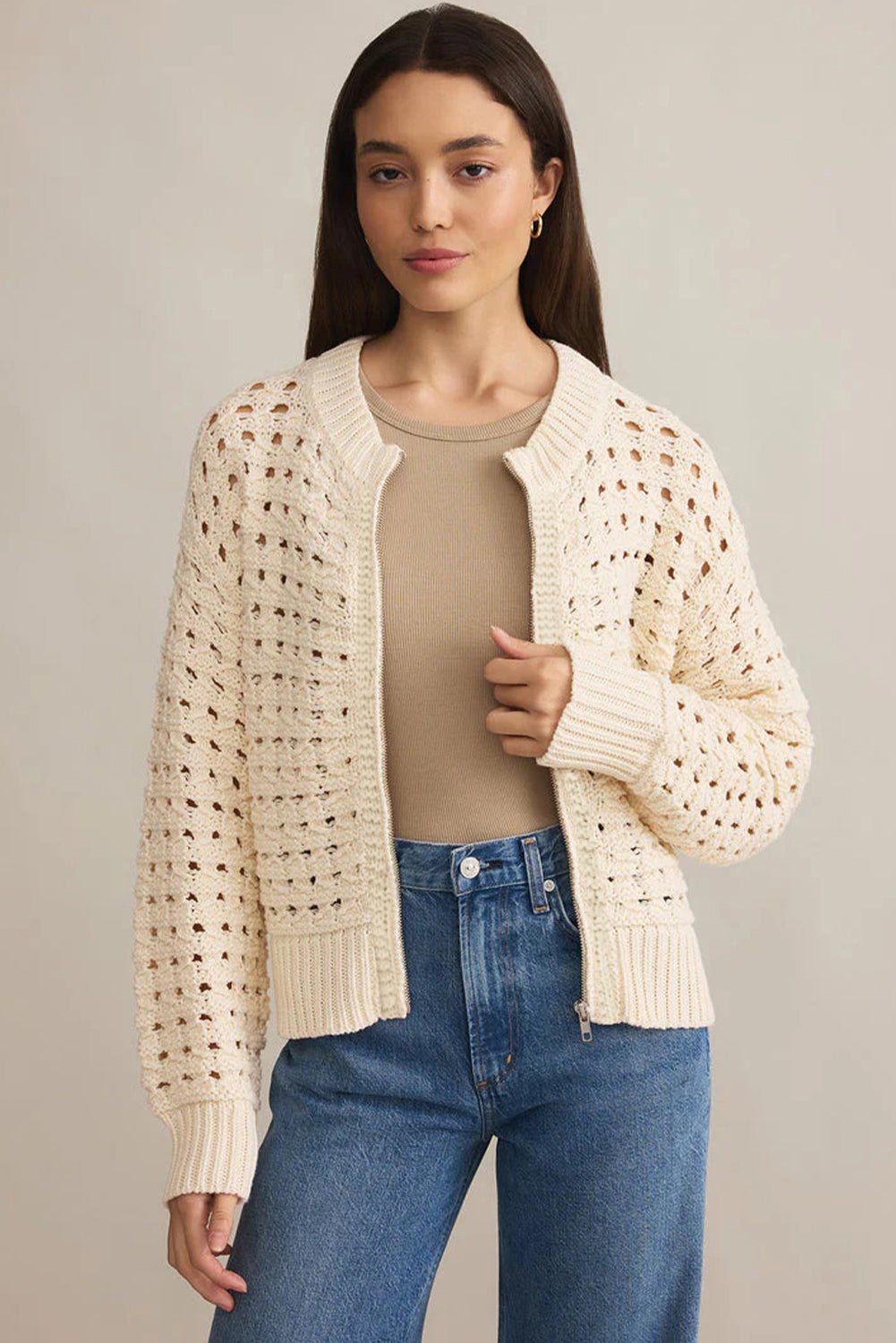 Beige Hollowed Pattern Knit Zip Up Drop Shoulder Cardigan - MAD RUFFI