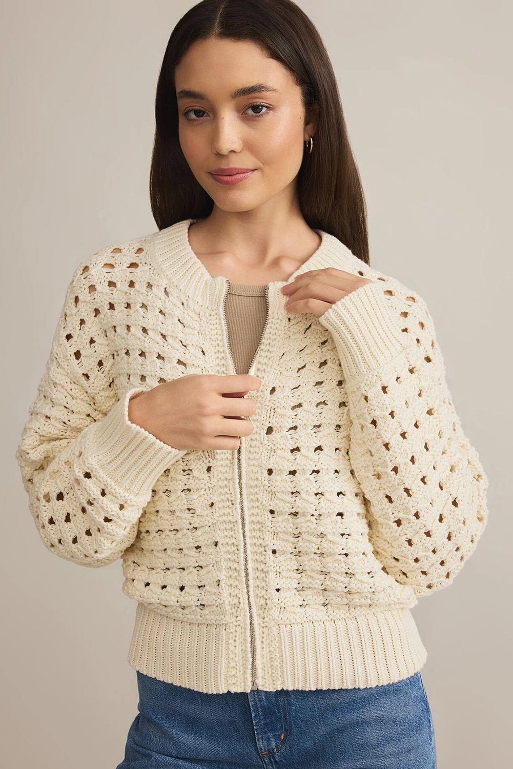 Beige Hollowed Pattern Knit Zip Up Drop Shoulder Cardigan - MAD RUFFI