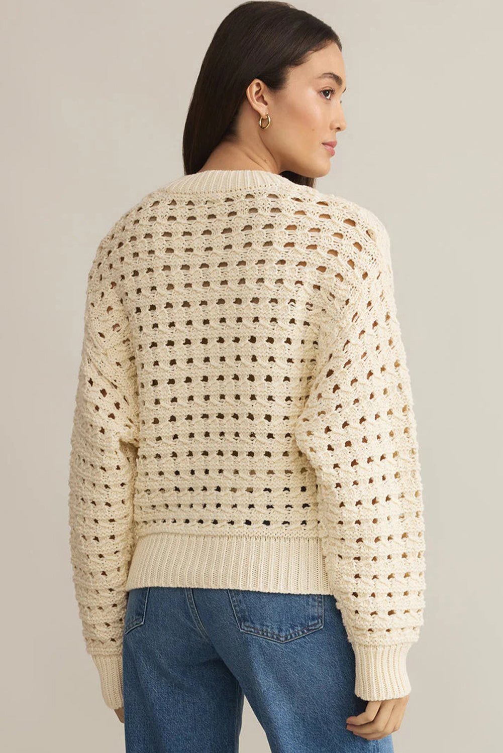 Beige Hollowed Pattern Knit Zip Up Drop Shoulder Cardigan - MAD RUFFI