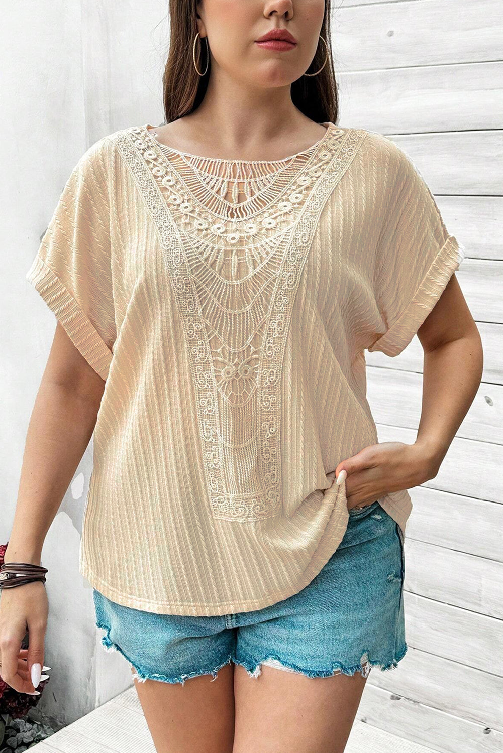 Beige Lace Crochet Patched Cable Textured Cuffed Short Sleeve Plus Size Top - Plus Size Tops