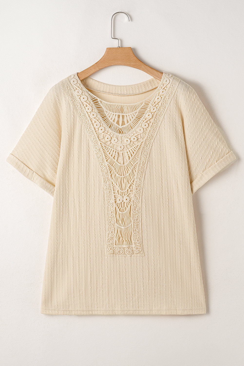 Beige Lace Crochet Patched Cable Textured Cuffed Short Sleeve Plus Size Top - Plus Size Tops