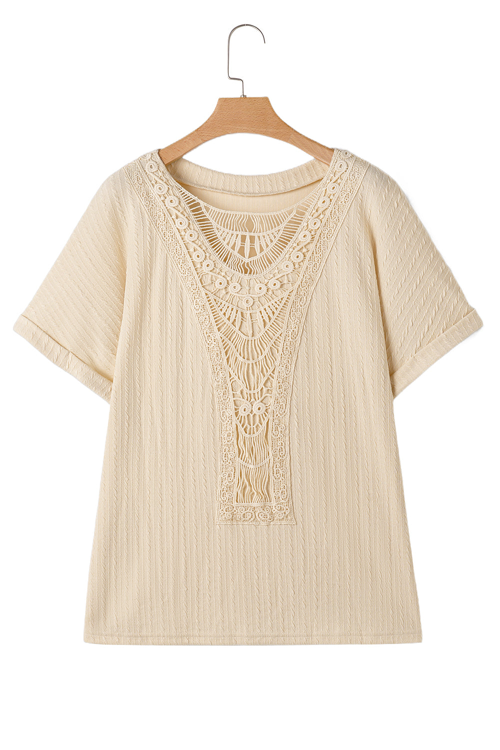 Beige Lace Crochet Patched Cable Textured Cuffed Short Sleeve Plus Size Top - Plus Size Tops