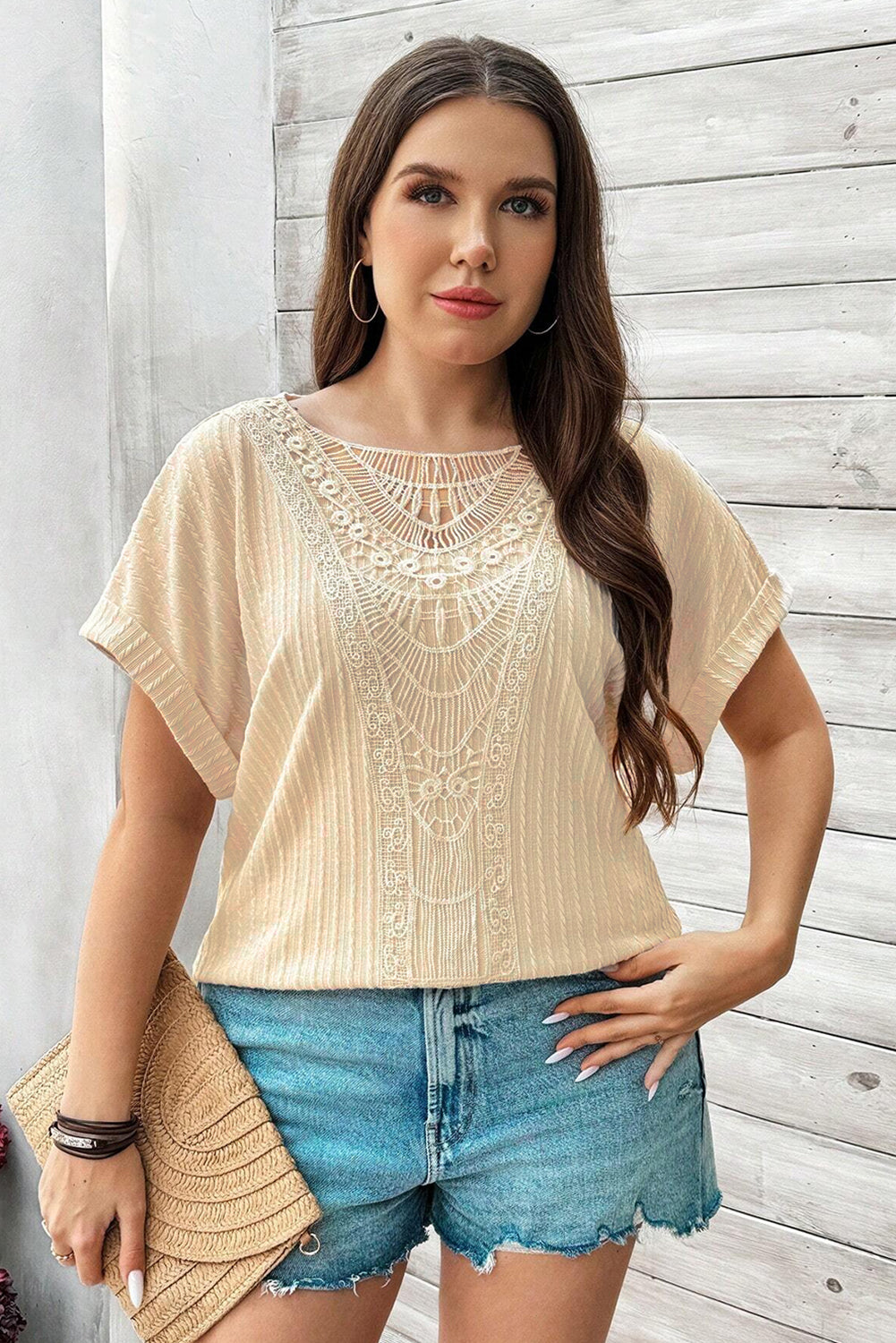 Beige Lace Crochet Patched Cable Textured Cuffed Short Sleeve Plus Size Top - Plus Size Tops