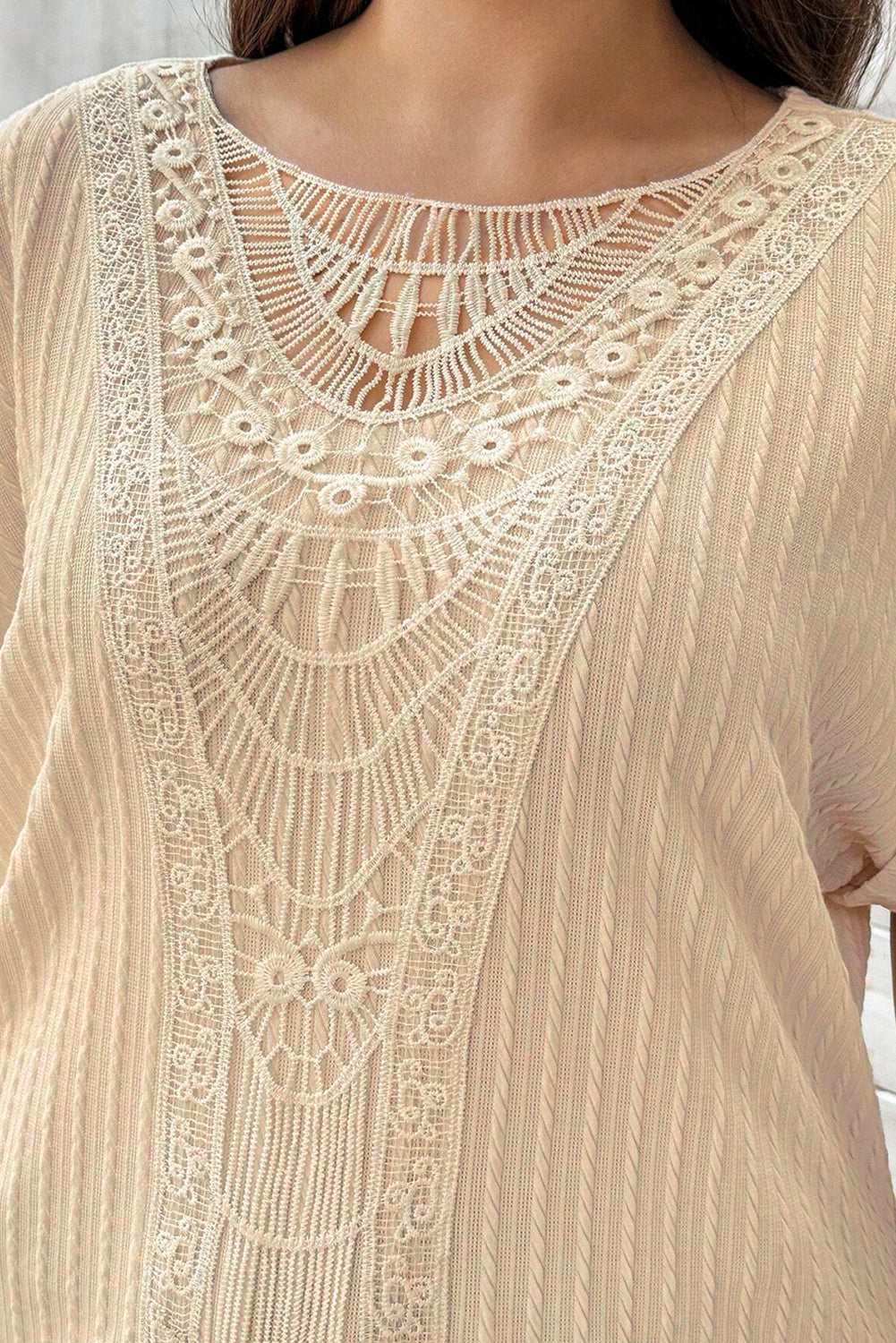 Beige Lace Crochet Patched Cable Textured Cuffed Short Sleeve Plus Size Top - Plus Size Tops