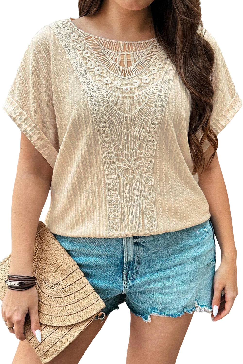 Beige Lace Crochet Patched Cable Textured Cuffed Short Sleeve Plus Size Top - Plus Size Tops