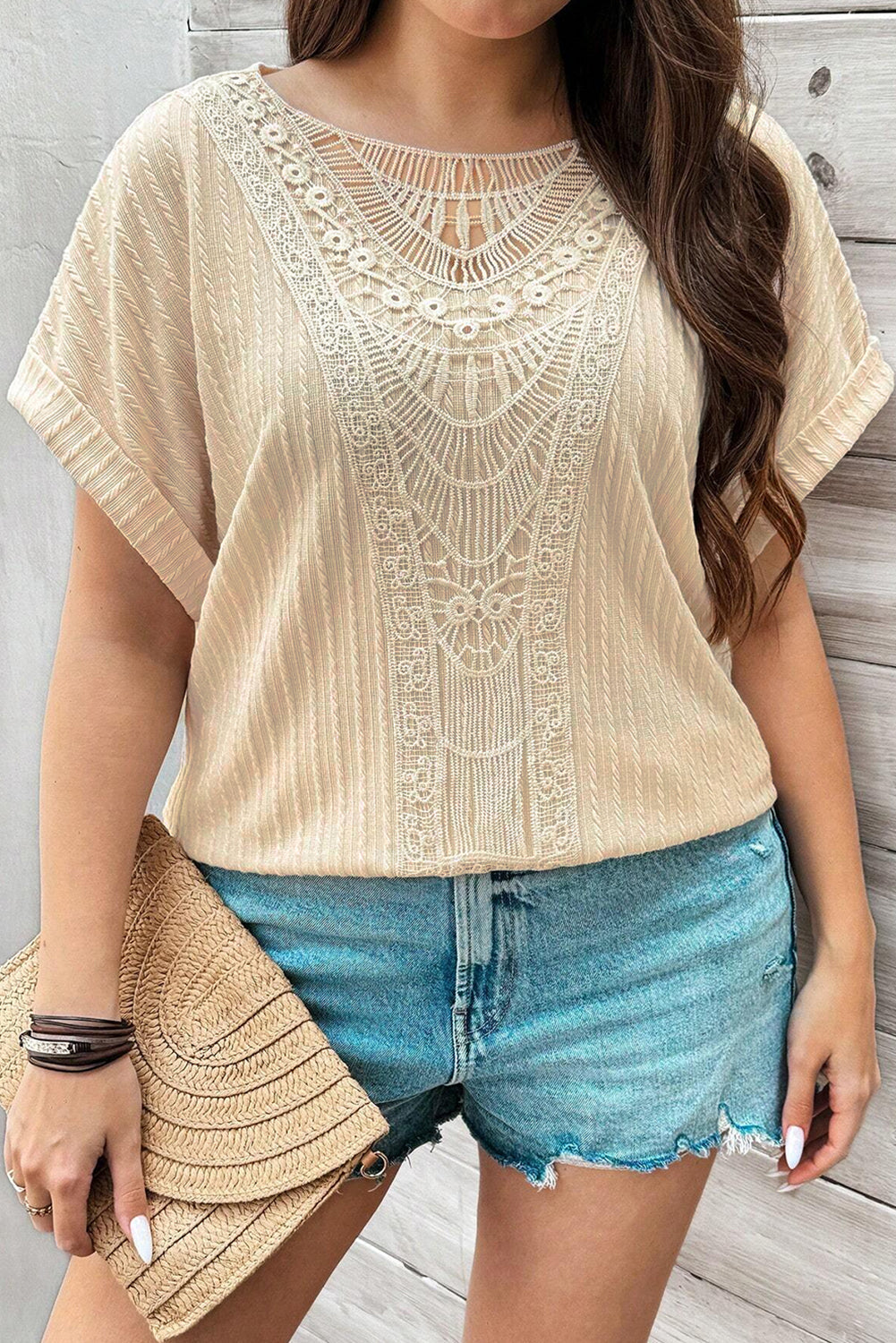 Beige Lace Crochet Patched Cable Textured Cuffed Short Sleeve Plus Size Top - Beige / 1X - Plus Size Tops