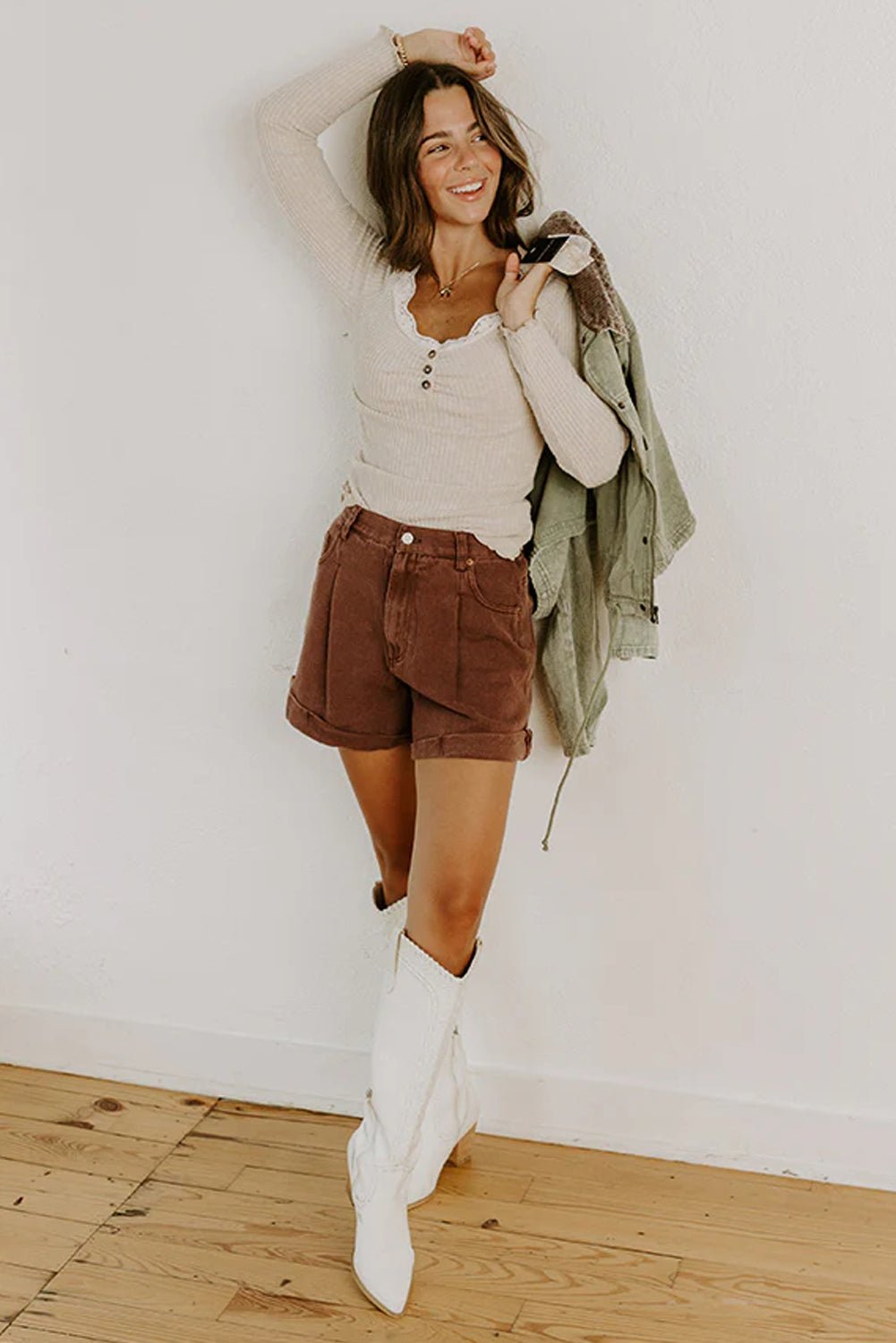 Beige Lace Neckline Button Decor Lettuce Edge Long Sleeve Ribbed Top - MAD RUFFI