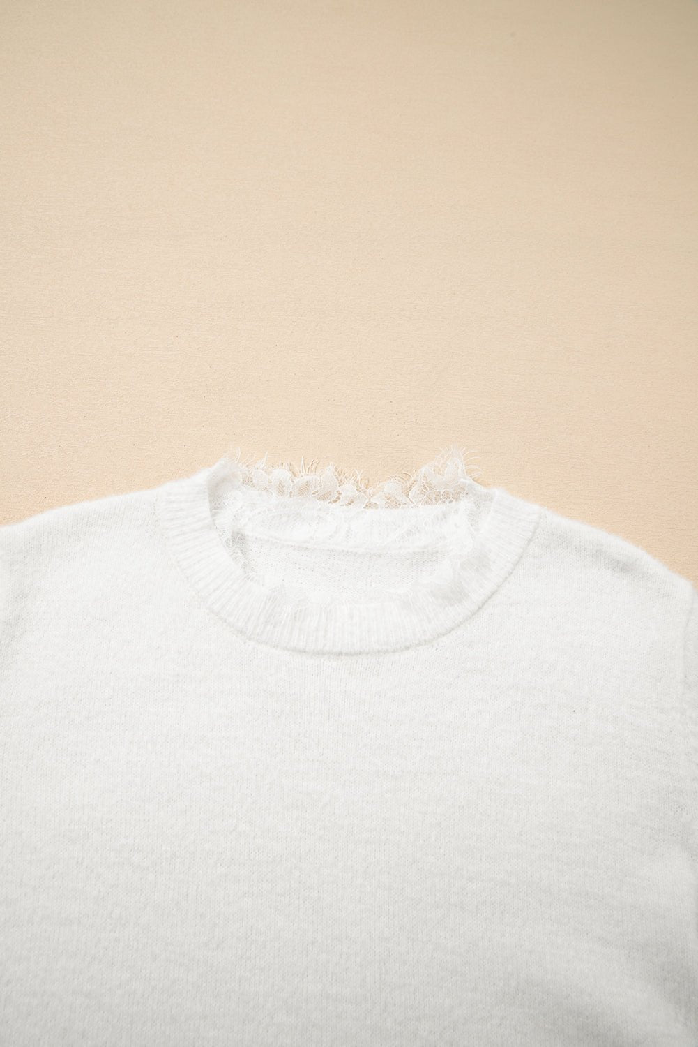 Beige Lace Sleeve Patchwork Faux Two - piece Fuzzy Sweater - MAD RUFFI