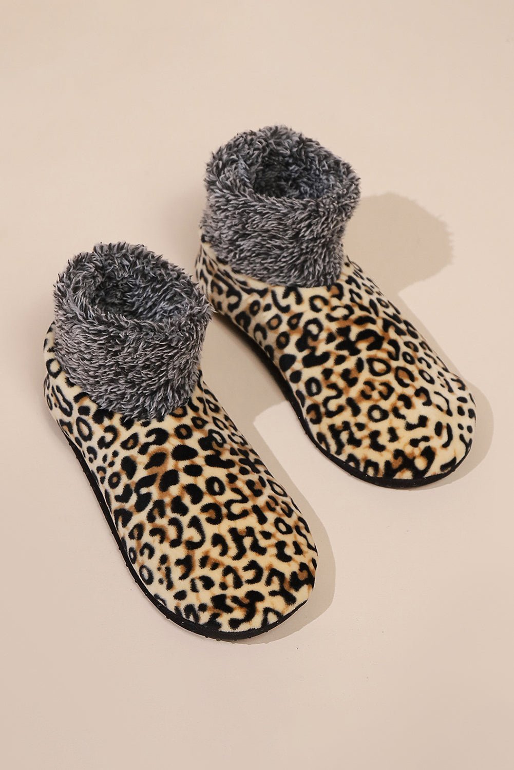 Beige Leopard Print Anti Skid Warm Slipper Socks - MAD RUFFI