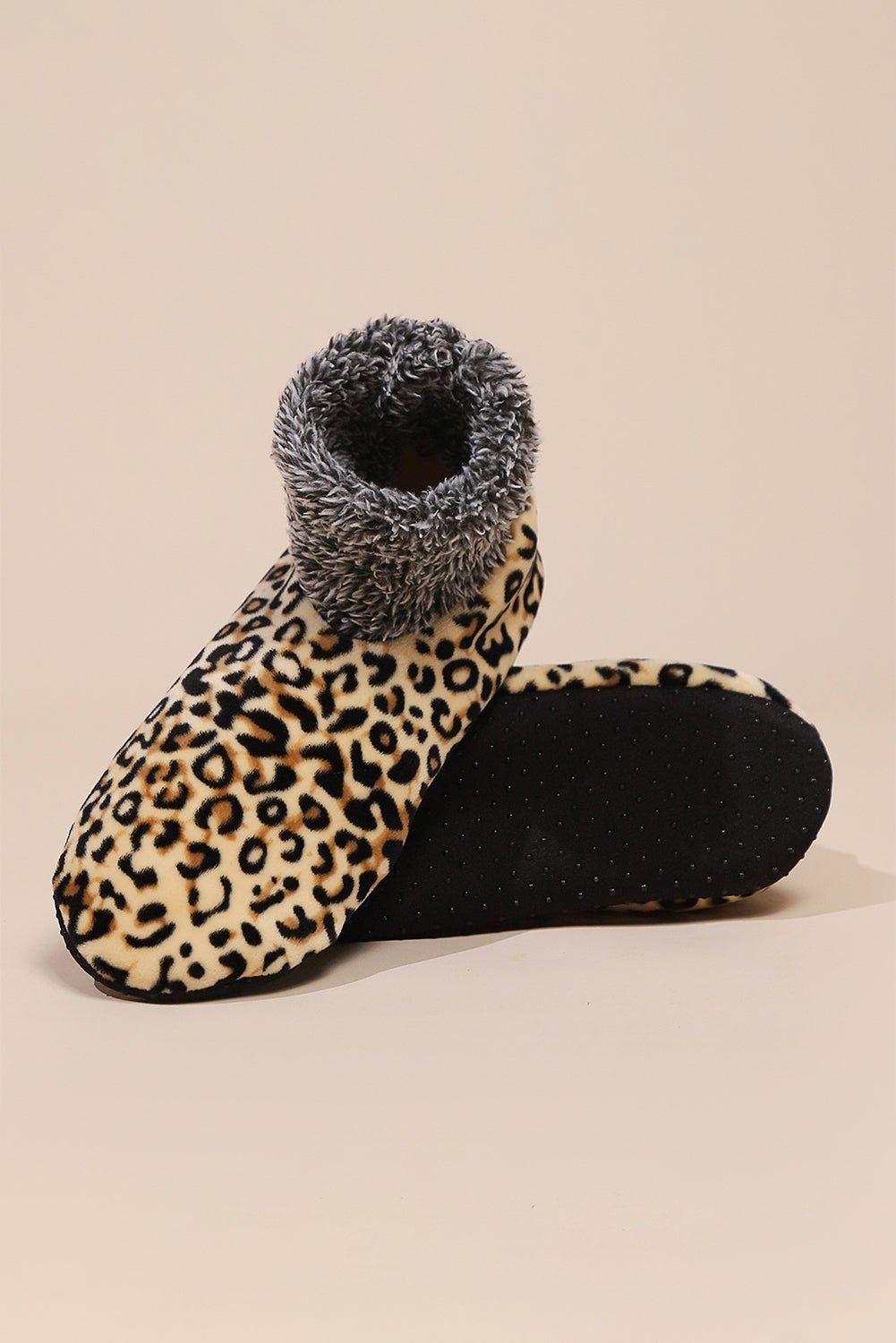Beige Leopard Print Anti Skid Warm Slipper Socks - MAD RUFFI