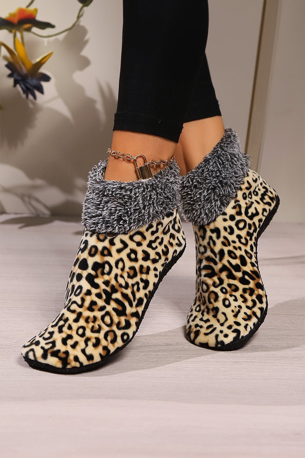 Beige Leopard Print Anti Skid Warm Slipper Socks - MAD RUFFI