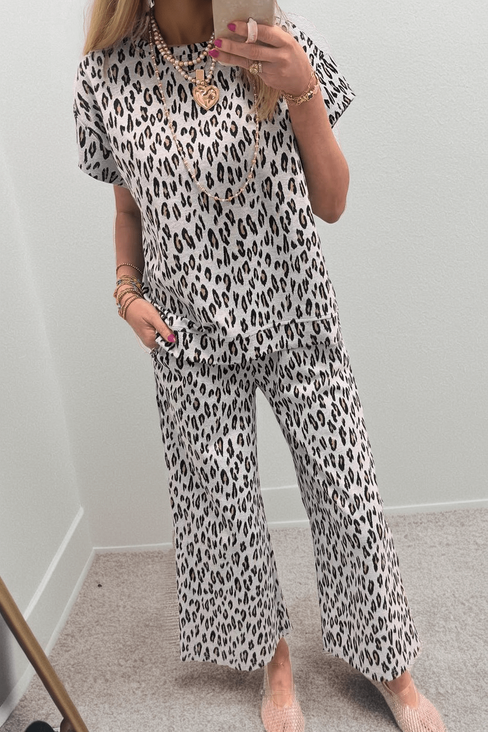 Beige Leopard Print Casual Tee and Pants 2pcs Outfit - MAD RUFFI